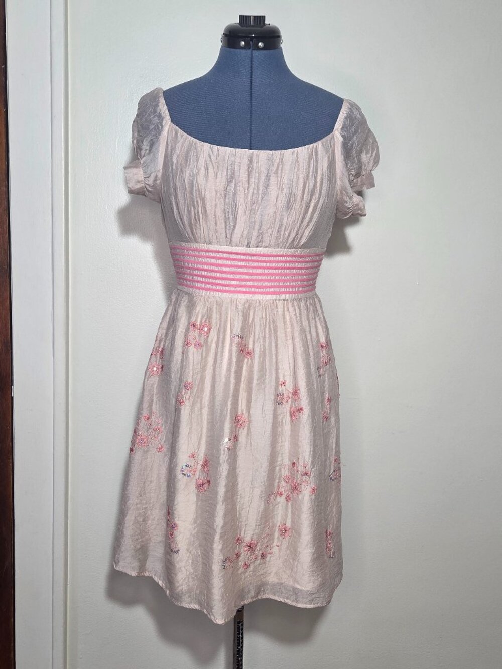 Handmade Cream and Pink Embroidered Lined Gathered Puff Sleeve Mini Dress
